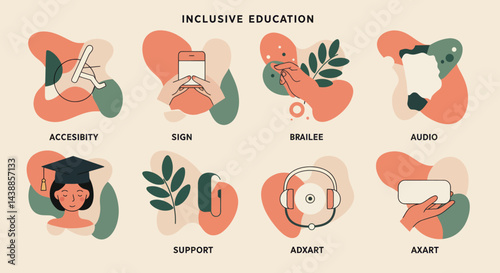 Inclusive education vector illustration showcasing accessibility sign language braille audio support adxart for diverse learners and education equity