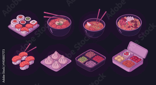 Isometric Asian Cuisine Illustration Featuring Sushi, Ramen, Dumplings, and Bento Boxes on a Dark Background