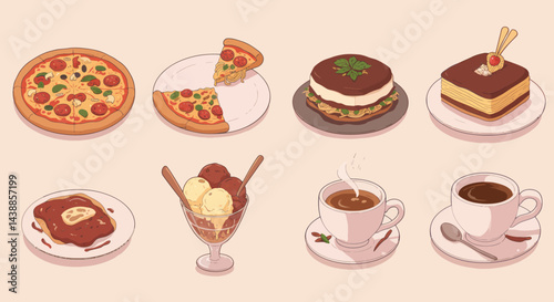 Italian food delights a delicious array of pizza, tiramisu, ice cream, and coffee for a comforting meal