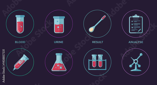 Medical laboratory tests and analysis icons set concept for healthcare diagnostics and scientific research with blood urine result and microscope