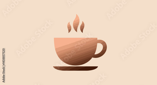 Minimalist illustration of a steaming coffee cup on a saucer in warm brown tones against a light background
