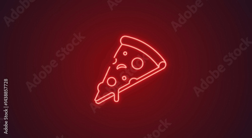 Neon pizza slice icon on a dark red background offering a modern and fun visual for food related designs and promotions