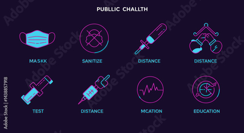 Public health icons showcase mask usage, sanitization, social distance, testing, education and vaccination
