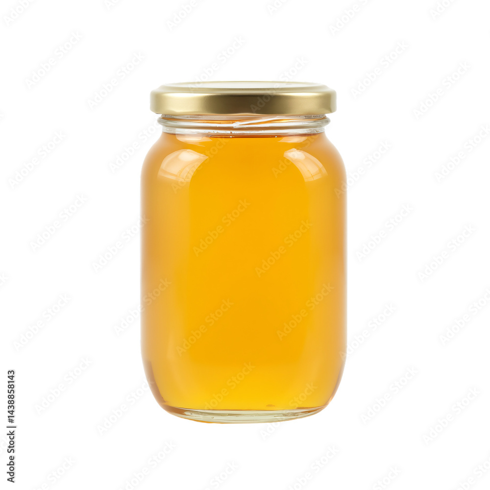 A clear glass jar filled with golden-amber colored honey stands isolated against a plain white background. A clear glass jar filled with golden-amber colored honey stands isolated against a plain white background.