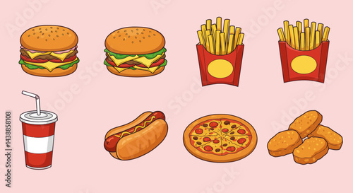 Selection of Popular Fast Food Items Including Burgers Fries Pizza and Soda