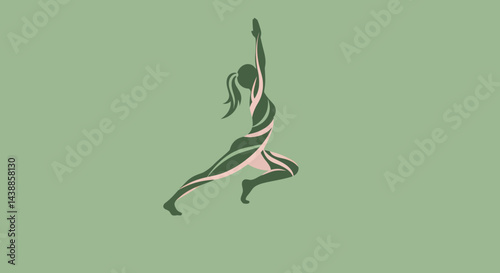 Silhouette of a woman in a yoga pose striking a warrior lunge on a light green background symbolizing health and wellness