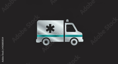 Silver ambulance icon with teal accents on a dark background for medical emergency services and healthcare solutions