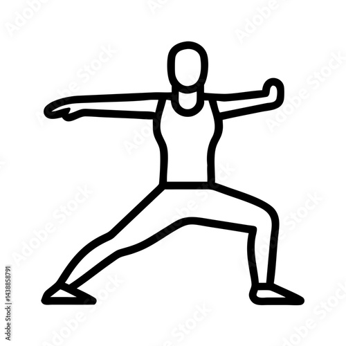 Minimalist black and white line icon of a person practicing warrior pose in yoga, vector illustration symbolizing strength, balance, mindfulness, and healthy lifestyle