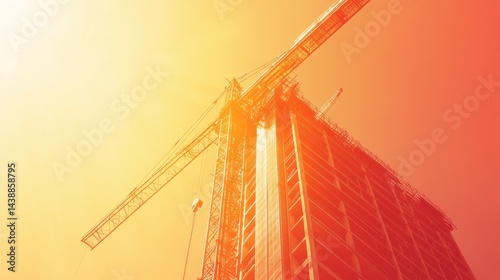 Construction crane towering over a high-rise building under a bright, sunlit sky