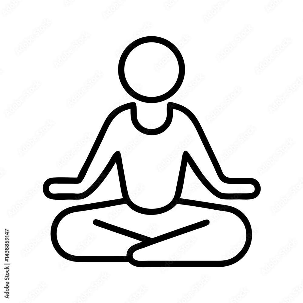Simple black and white line icon of a person practicing meditation in lotus pose, minimalist yoga illustration, isolated on white background Simple black and white line icon of a person practicing meditation in lotus pose, minimalist yoga illustration, isolated on white background