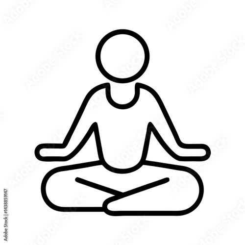 Simple black and white line icon of a person practicing meditation in lotus pose, minimalist yoga illustration, isolated on white background