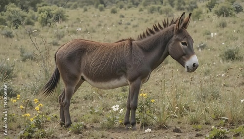 A brown donkey stands in a field of grass and wildflowers.