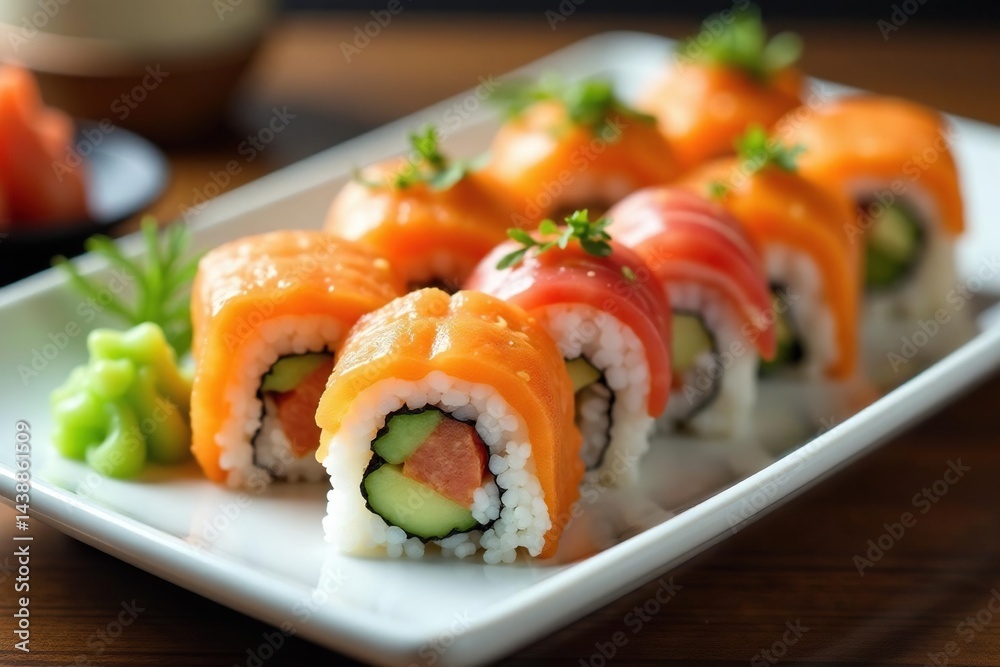 Colorful array of sushi rolls on white plate, wasabi, pickled ginger, simple, instafood Colorful array of sushi rolls on white plate, wasabi, pickled ginger, simple, instafood