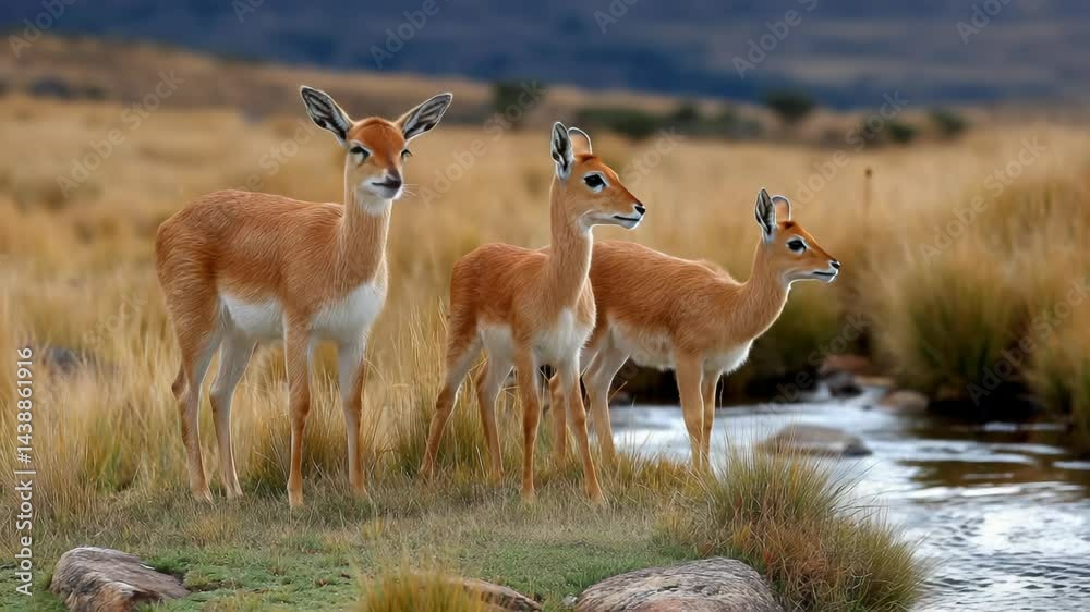 Group of Antelopes stand together near water stream in African grassland environment, looking alert with scenic backdrop. Group of Antelopes stand together near water stream in African grassland environment, looking alert with scenic backdrop.