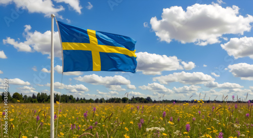 Fototapeta Naklejka Na Ścianę i Meble -  Swedish flag waving in colorful wildflower meadow under blue sky. National flag of Sweden in summer landscape. Patriotism, National Day June 6 celebration