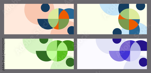 Colorful overlay circle semi-circle vector minimalist geometric shapes. Bright abstract posters for banner, corporate, website, report, flyer, and presentation. Conference slide deck background.