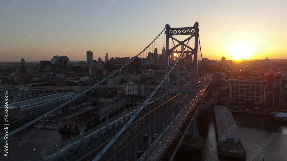 sunset flying along Benjamin Franklin Bridge towards Philadelphia