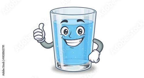 A cartoon glass of water with a face and arms giving a thumbs up on a white background image view