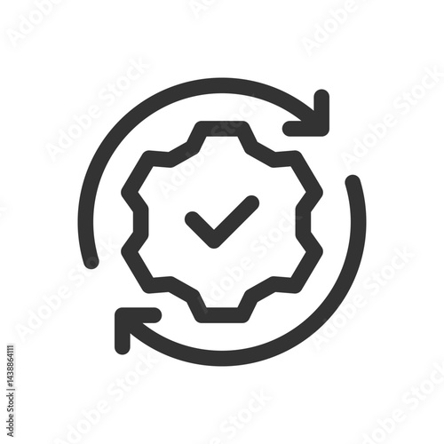 Gear with checkmark surrounded by arrows icon. representing successful process, completion, or workflow