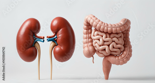 This image presents a realistic 3D depiction of human kidneys and intestines side by side, emphasizing the gut-kidney axis concept on a light blue gradient background.