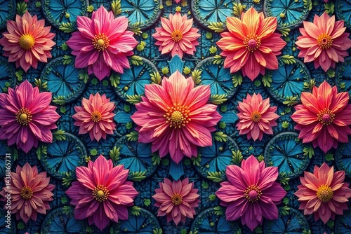 Intricate floral motifs within a hexagonal grid , botanical, geometric shapes, surface