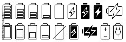 Battery icon set. Battery Full charge indicator or low charge sign. Level battery Energy powerfully full.