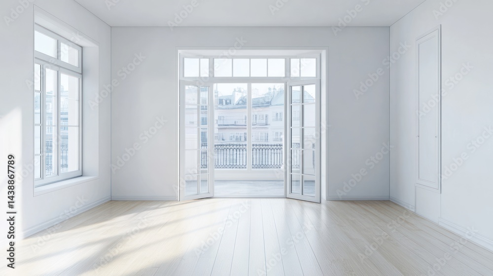 Obraz premium Empty, bright, modern room with large windows and patio doors