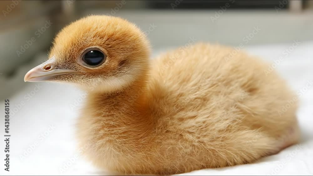 Close-up studio shot of a cute peach fuzz colored baby bird with its dark eyes and delicate beak
