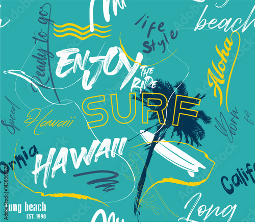 surf typography seamless pattern, surf in California. surf typography slogan print, Seamless graffiti pattern with surfboard and text surf and summer vibe. Vector illustration. words in graffiti style