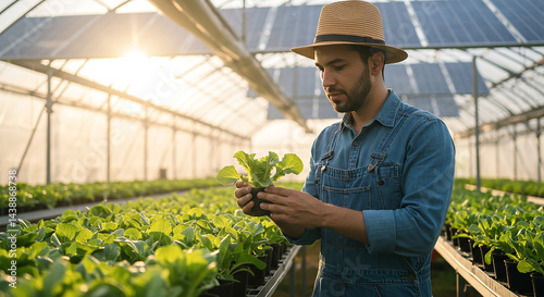 Wallpaper Mural Farmer examining young lettuce plants growing in greenhouse with solar panels Torontodigital.ca