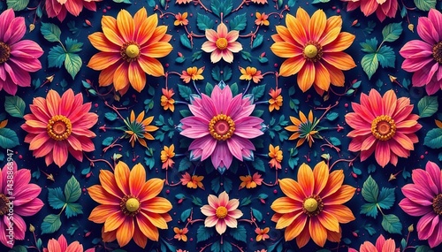 Intricate repeating blossom design, lush vibrant hues, wallpaper, floral pattern