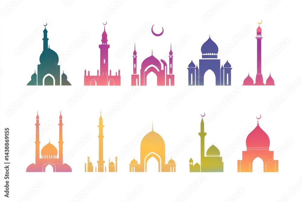 Colorful mosque icons set. Colorful mosque icons set.