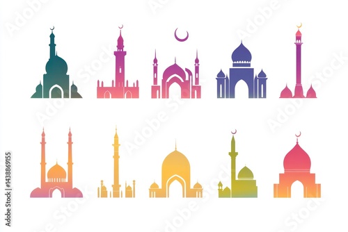 Colorful mosque icons set.