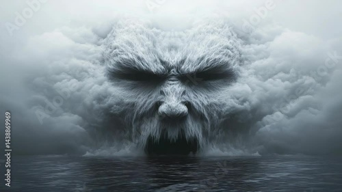 A colossal grimacing face made of stormy clouds emerges over a dark ocean, creating a dramatic surreal and ominous atmosphere.