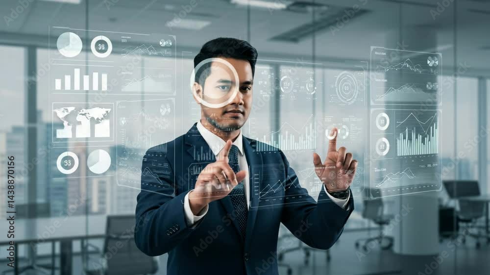 Man Manipulating Futuristic Interface: A focused male figure in a business suit interacts with a sleek, transparent futuristic interface. Man Manipulating Futuristic Interface: A focused male figure in a business suit interacts with a sleek, transparent futuristic interface.