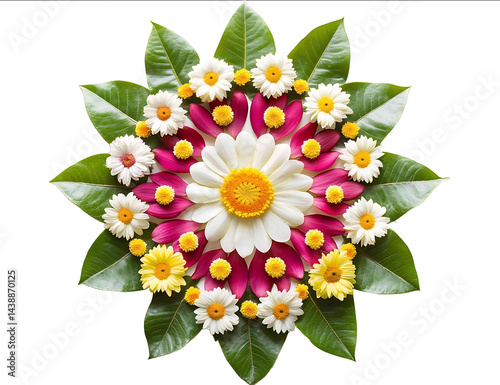 The Indian festival of Onam features a mandala made of flowers and leaves with a transparent background