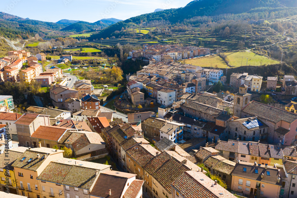 Obraz premium Landscape of residential part of La Pobla de Lillet . Shooting with drone from sky