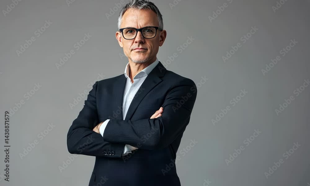 Confident businessman in formal suit poses with arms crossed against grey background Confident businessman in formal suit poses with arms crossed against grey background