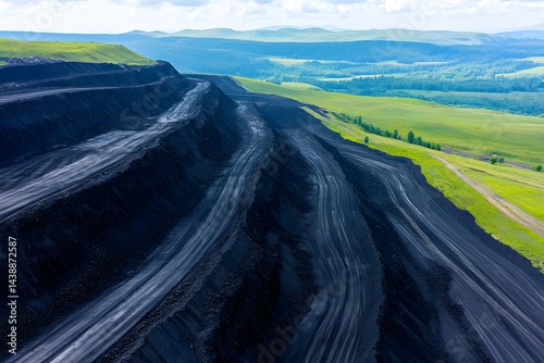 Coal mining landscape with black waste rock dump and green fields. Environmental impact of mineral extraction. Earth day awareness and sustainable industry concept