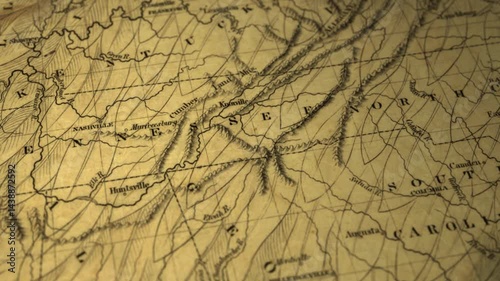 Map of early United States showing Kentucky, Tennessee, and Carolinas. Historical document flyover. 