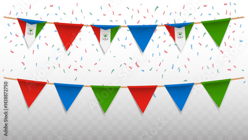 Vector illustration of the country flag of Equatorial Guinea with confetti on transparent background. hanging triangular flag for Independence Day celebration.