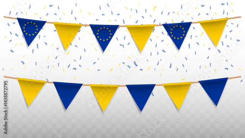 Vector illustration of the country flag of Europe with confetti on transparent background. hanging triangular flag for Independence Day celebration.