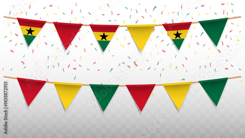 Vector illustration of the country flag of Ghana with confetti on transparent background. hanging triangular flag for Independence Day celebration.