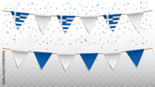 Vector illustration of the country flag of Greece with confetti on transparent background. hanging triangular flag for Independence Day celebration.
