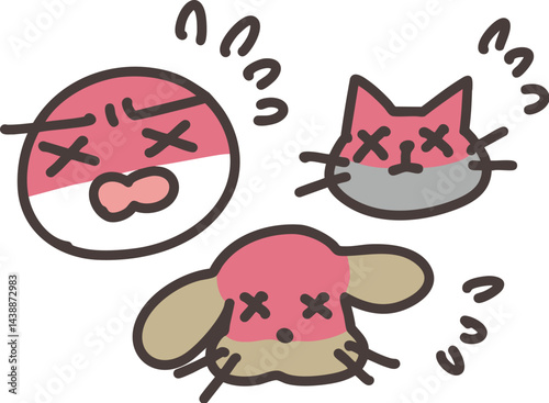 熱中症に困る人間と犬と猫のコミカルなイラスト