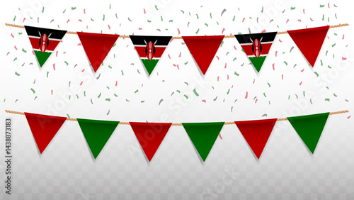 Vector illustration of the country flag of Kenya with confetti on transparent background. hanging triangular flag for Independence Day celebration.