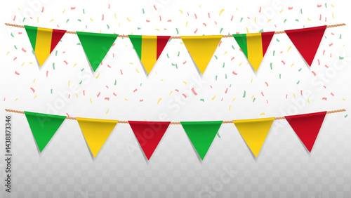 Vector illustration of the country flag of Mali with confetti on transparent background. hanging triangular flag for Independence Day celebration.