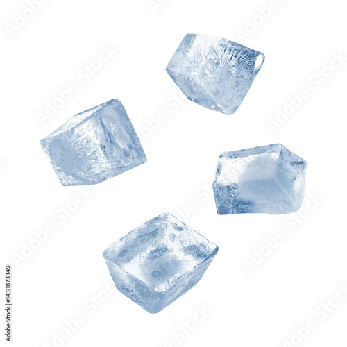 Clear ice cubes falling on white background