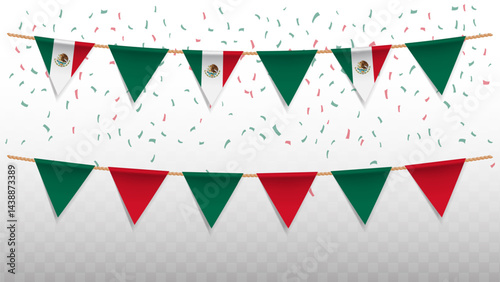 Vector illustration of the country flag of Mexico with confetti on transparent background. hanging triangular flag for Independence Day celebration.