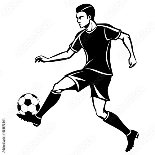 A dynamic black silhouette of a soccer player kicking a soccer ball with power and precision, capturing the energy and movement of the sport 